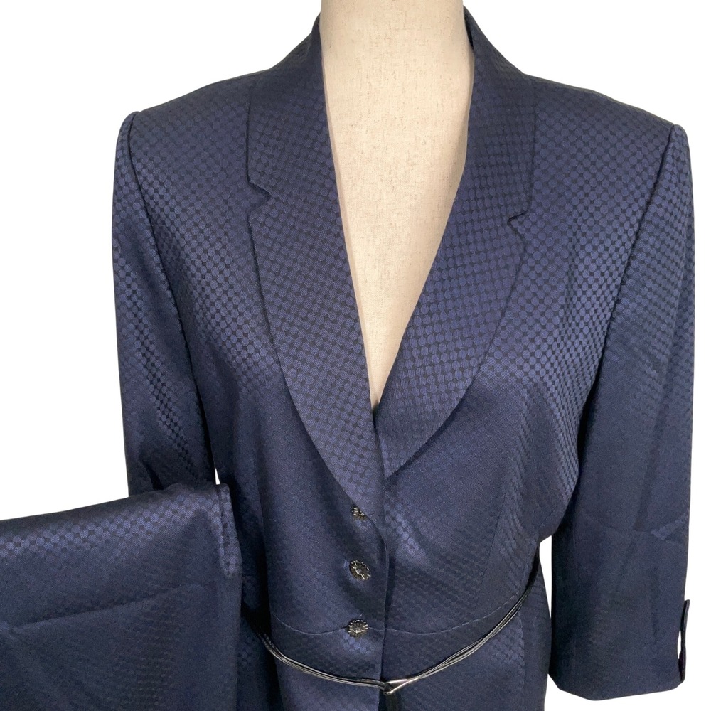 Tahari ASL Skirt Suit Womens 12 Navy Blue Jacquard Belt